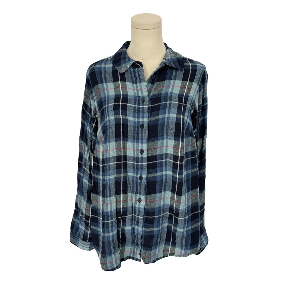 Lane Bryant Plaid Button Down Shirt Blue 100% Rayon 10/12